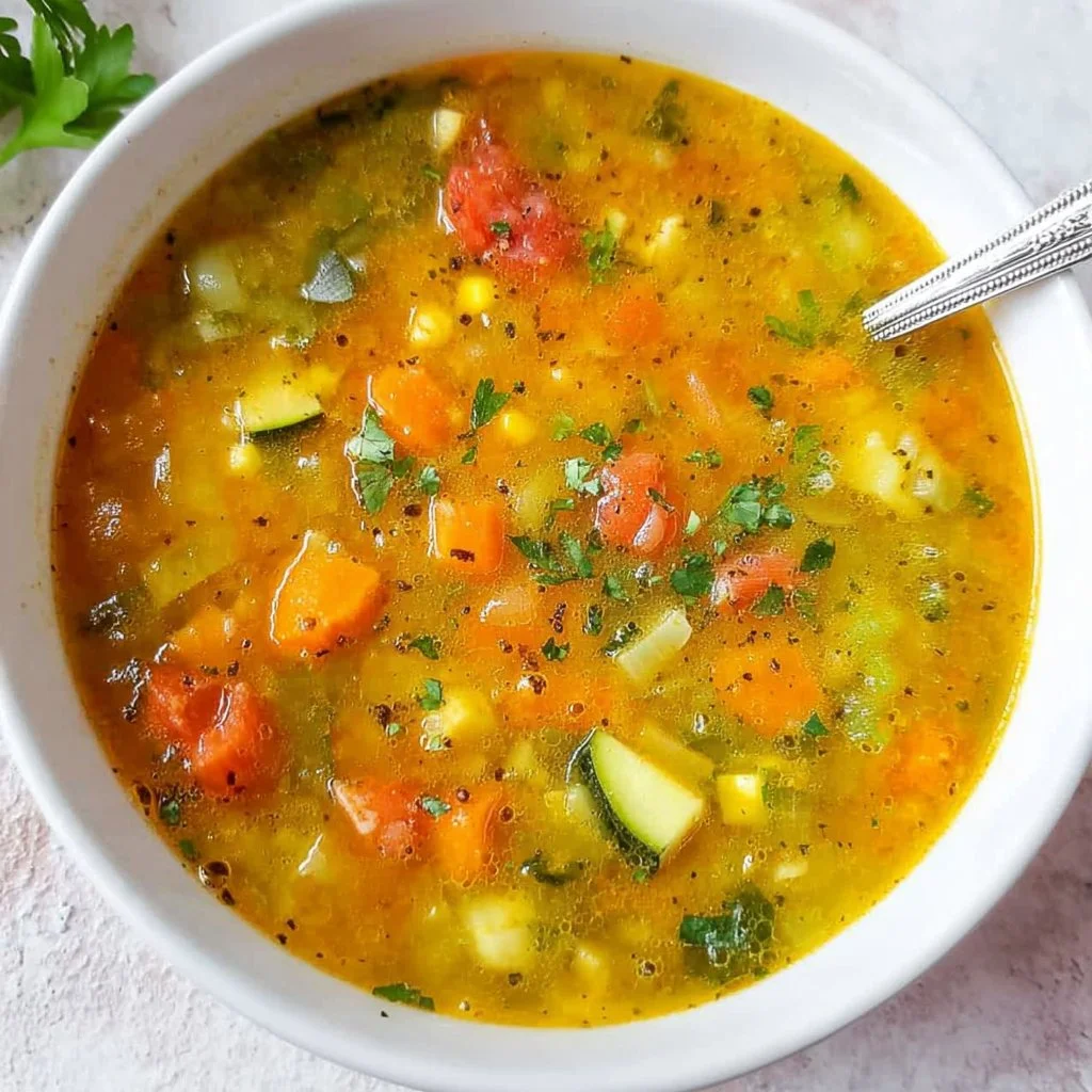 Bowl of vegetable soup without tomatoes, featuring fresh vegetables and herbs