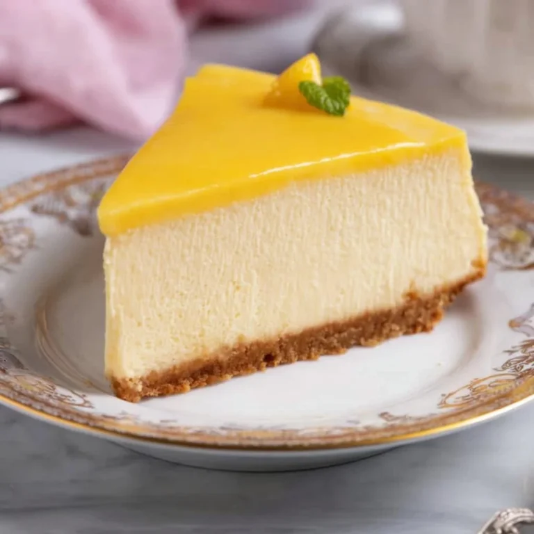 Delicious mango cheesecake slice on a decorative plate