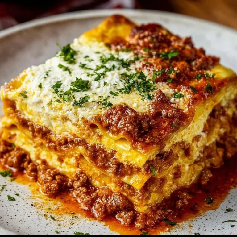 Homemade lasagna with ricotta layered with sauce and cheese, baked to perfection.
