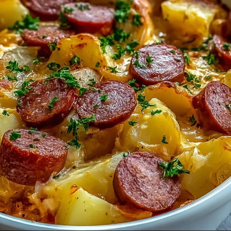 Kielbasa sausage and potato casserole in a baking dish