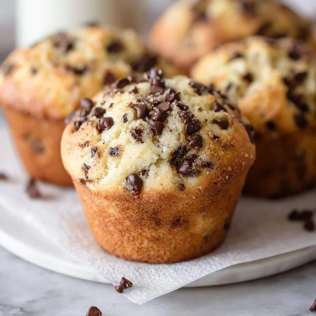 Freshly baked bakery-style chocolate chip muffins with chocolate chips on top