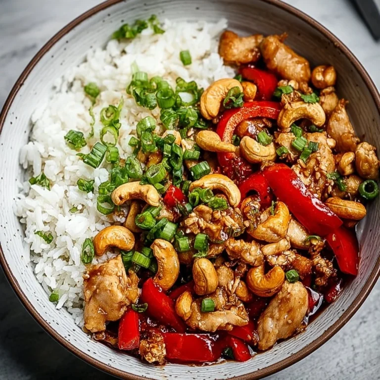 Delicious homemade cashew chicken served with rice and vegetables