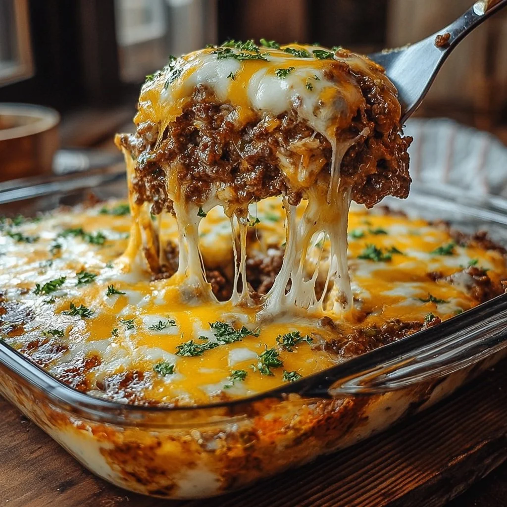 Cattle Drive Casserole served in a rustic bowl with fresh herbs on top.
