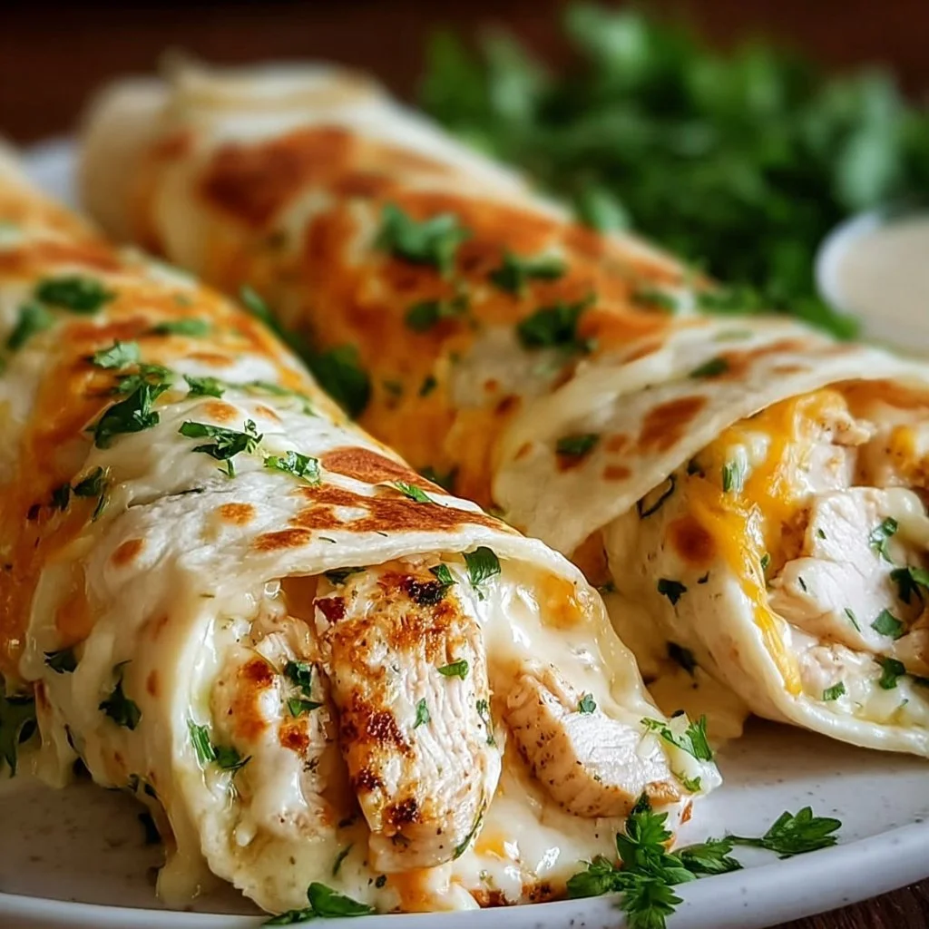 Cheesy Chicken Garlic Wraps served on a plate, garnished and ready to eat.