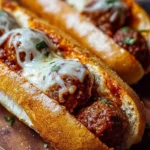 Cheesy meatball subs served with melted cheese and marinara sauce