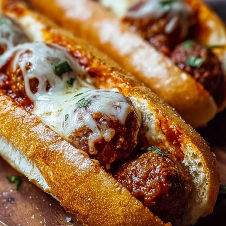 Cheesy meatball subs served with melted cheese and marinara sauce