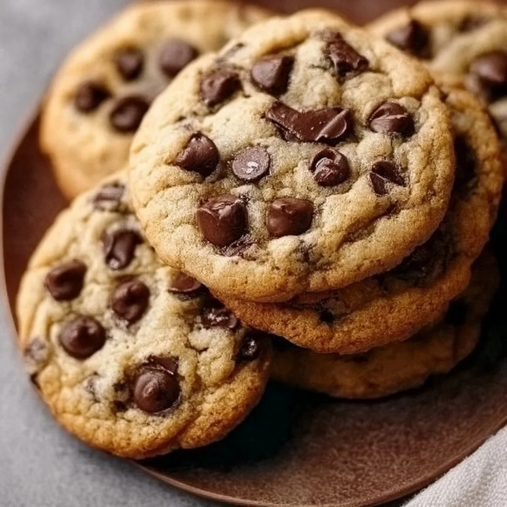 Delicious chewy chocolate chip cookies on a plate, perfect for any dessert lover.