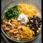 Baked Chicken Enchilada Rice Casserole topped with cheese and fresh herbs