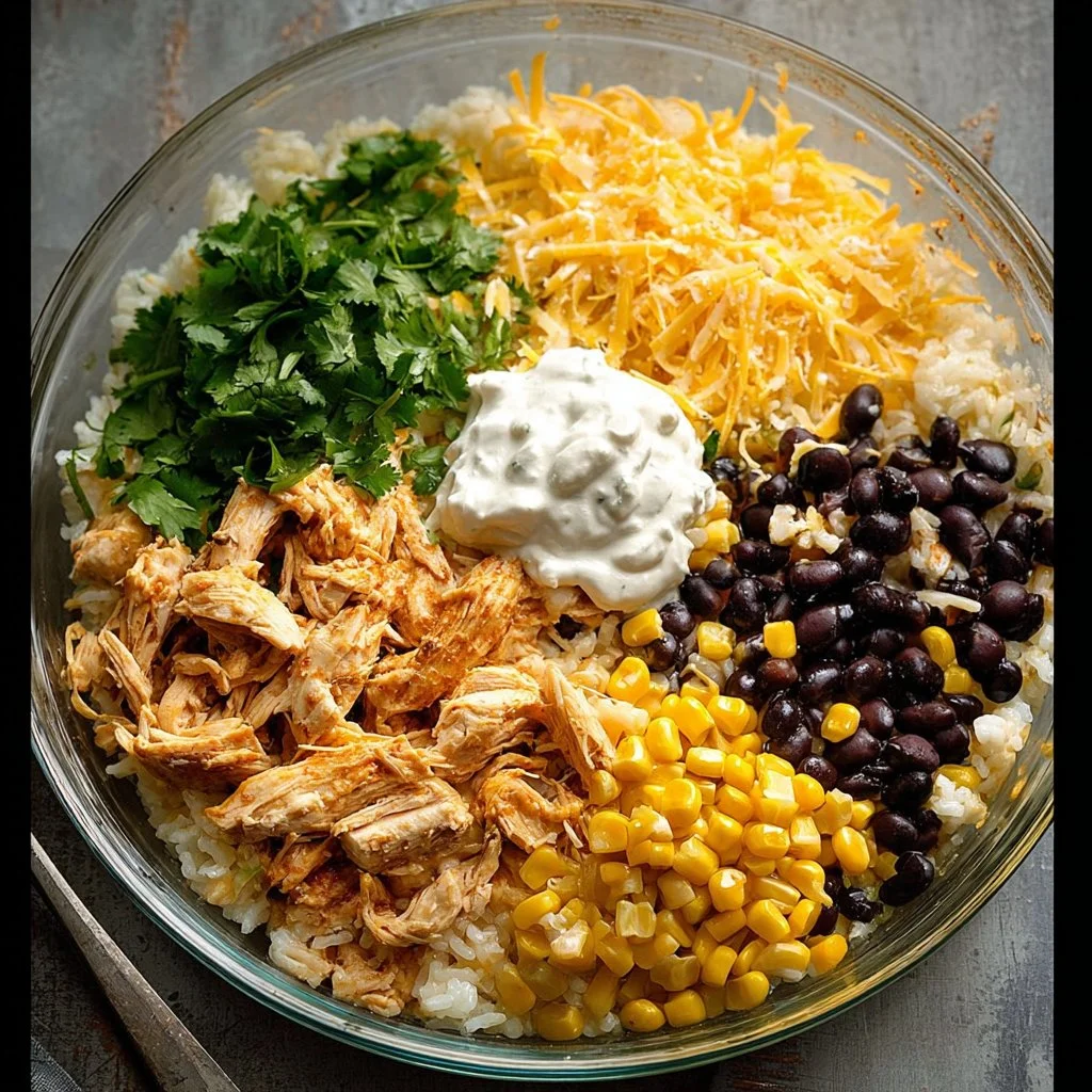 Baked Chicken Enchilada Rice Casserole topped with cheese and fresh herbs