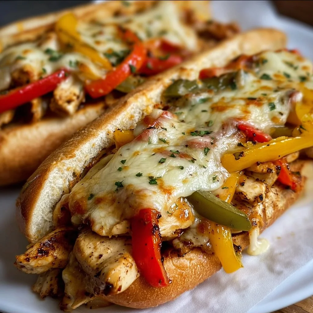 Delicious Chicken Philly Cheese Steaks loaded with melted cheese and peppers.