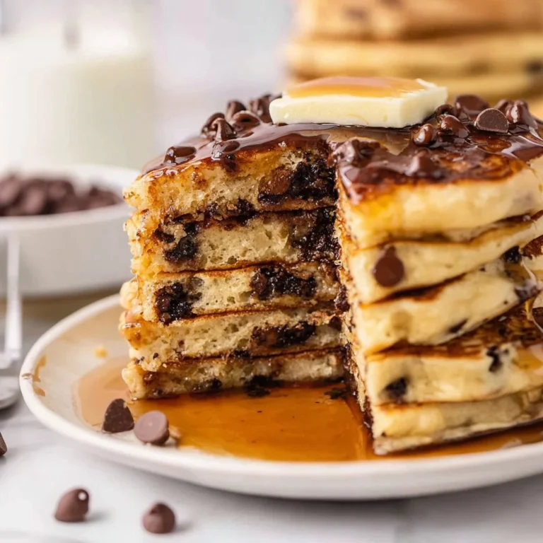 Stack of fluffy chocolate chip pancakes drizzled with syrup and topped with chocolate chips
