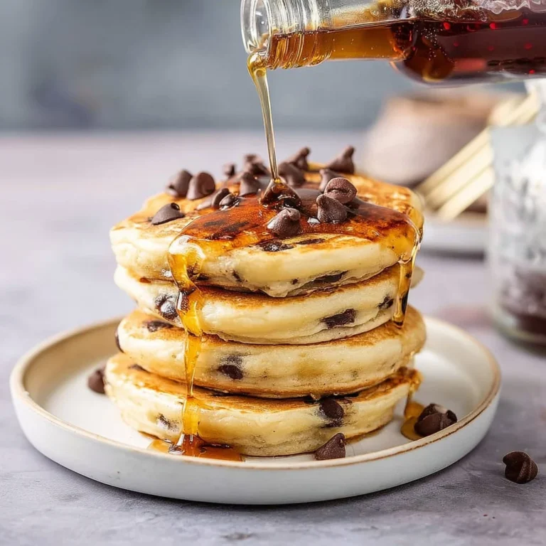 Fluffy chocolate chip pancakes drizzled with syrup on a plate