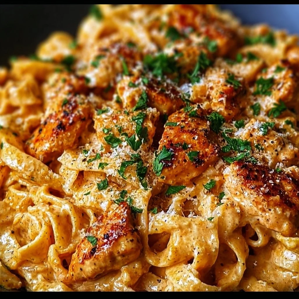 Delicious Cowboy Butter Chicken Pasta served in a bowl with herbs on top.