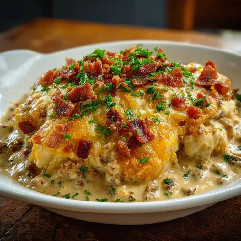 Delicious Cowboy Casserole served in a baking dish with toppings