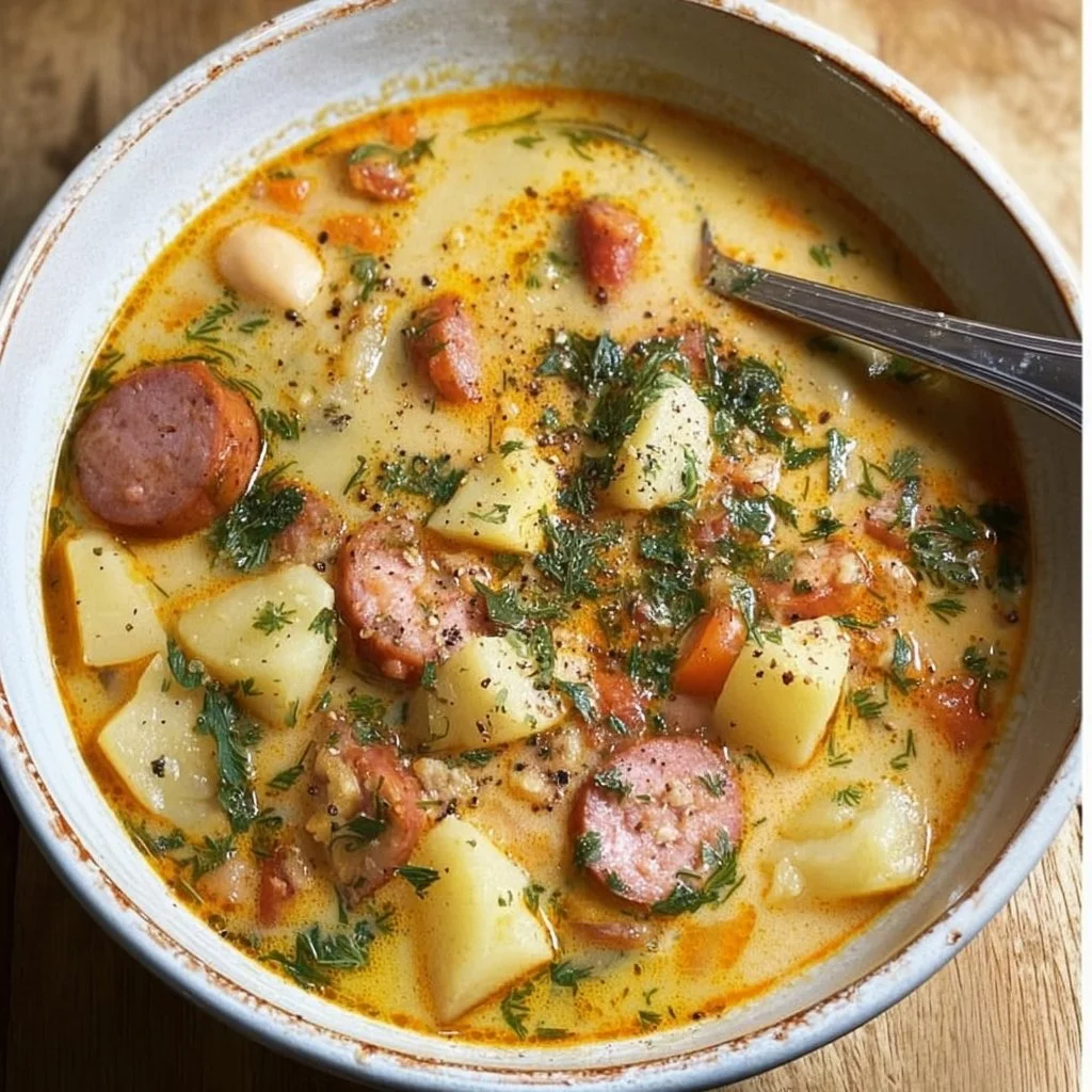 Bowl of delicious sausage potato soup garnished with herbs