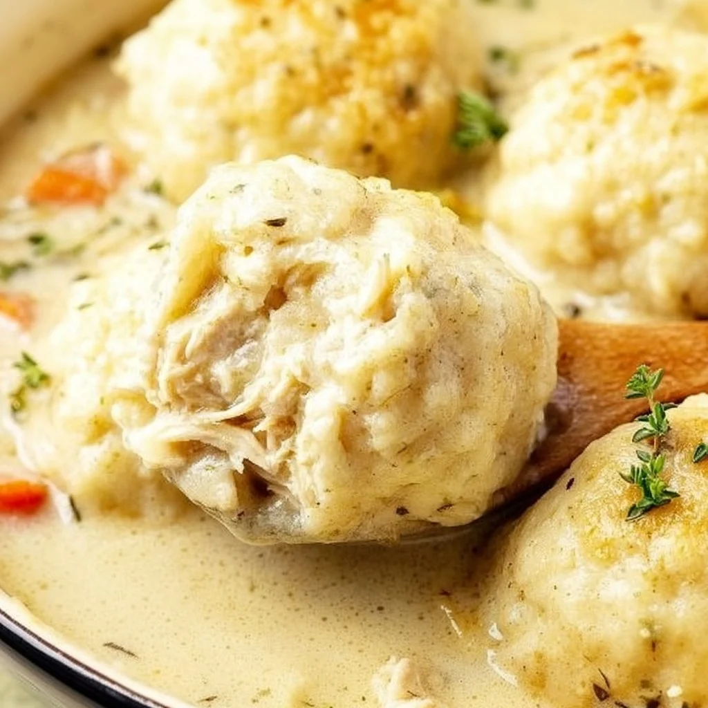 Creamy homemade chicken and dumplings served in a bowl