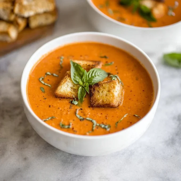 Bowl of creamy tomato basil parmesan soup garnished with fresh basil leaves.