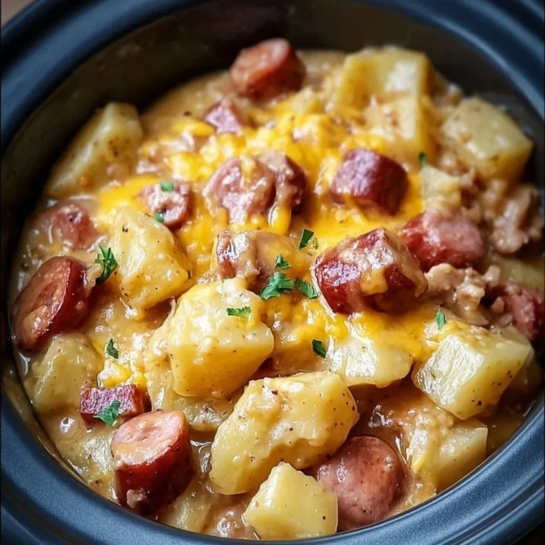 Crockpot Cheesy Potatoes and Kielbasa dish served in a bowl