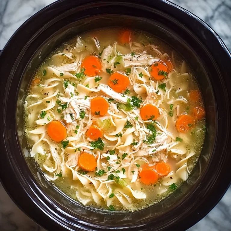 Crockpot Chicken Noodle Soup served in a bowl with fresh herbs