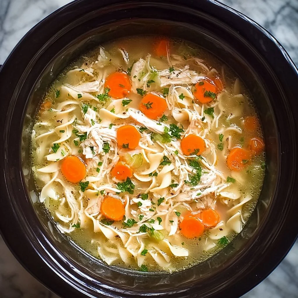 Crockpot Chicken Noodle Soup served in a bowl with fresh herbs