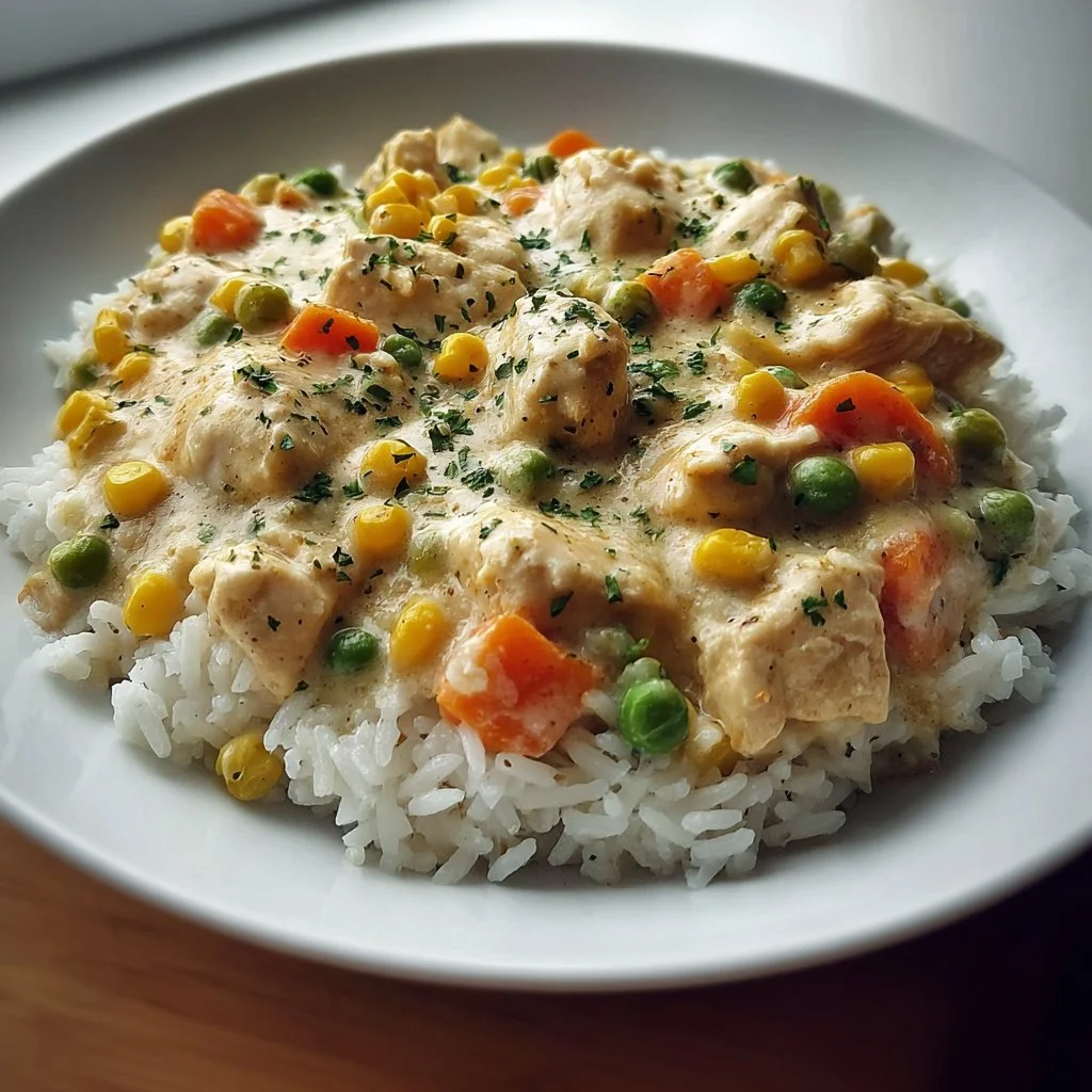 Delicious crustless chicken pot pie served in a bowl, showcasing a hearty filling.