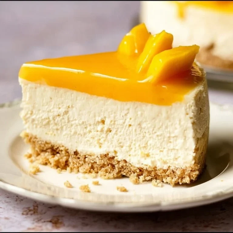 No bake mango cheesecake topped with fresh mango slices and a graham cracker crust