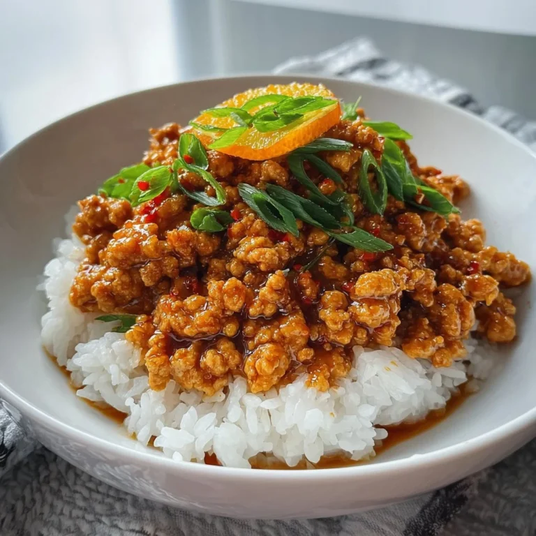 Deliciously tangy ground orange chicken served with rice and veggies.
