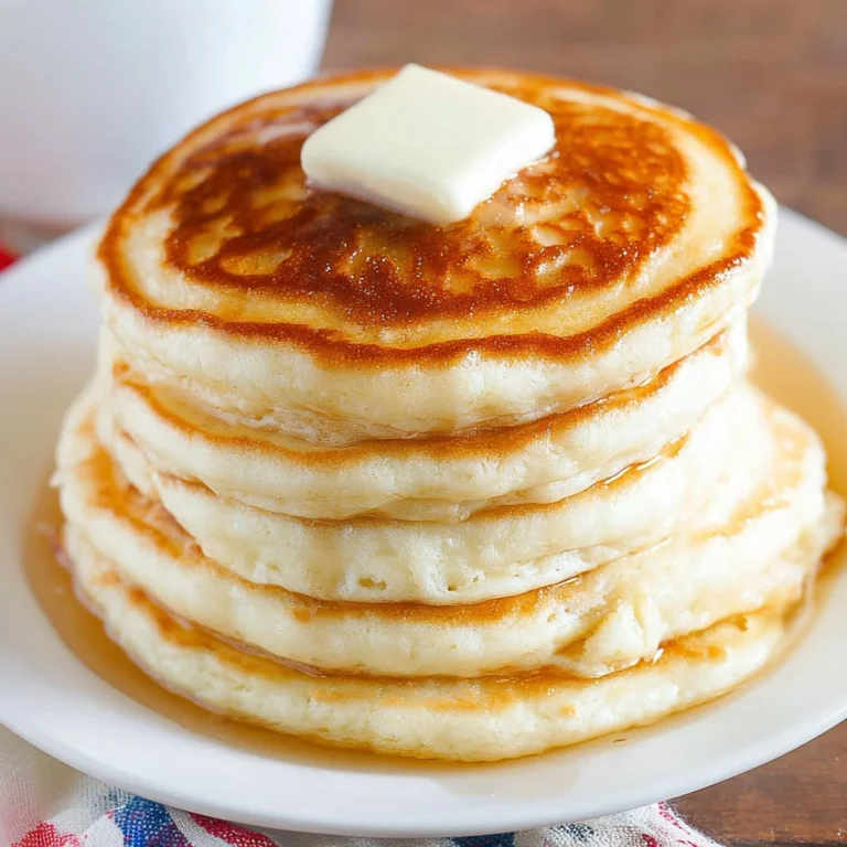Delicious fluffy pancakes stacked high, drizzled with syrup and berries.