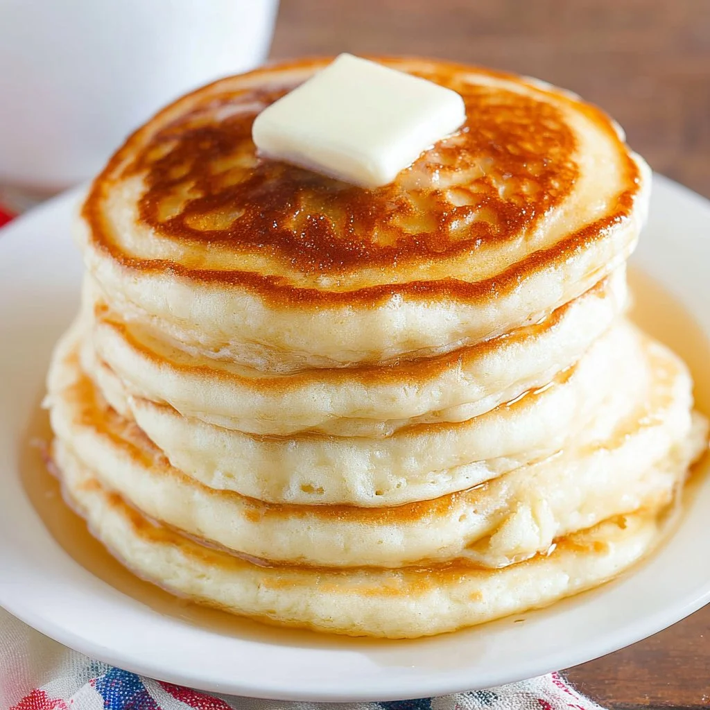 Delicious fluffy pancakes stacked high, drizzled with syrup and berries.