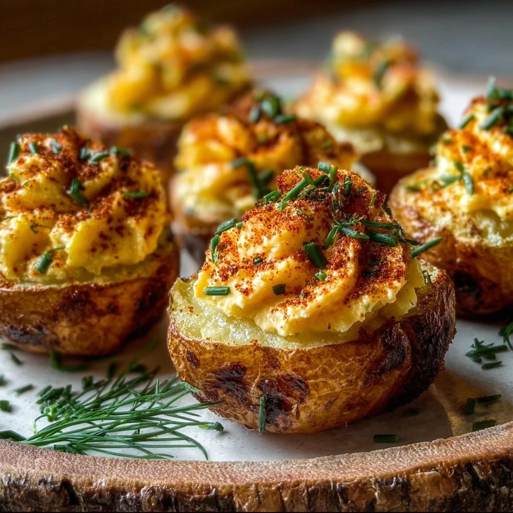 Vegan deviled potatoes served on a plate garnished with herbs