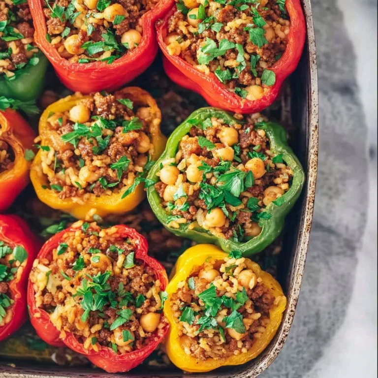Greek Style Stuffed Peppers with herbs and spices served on a plate