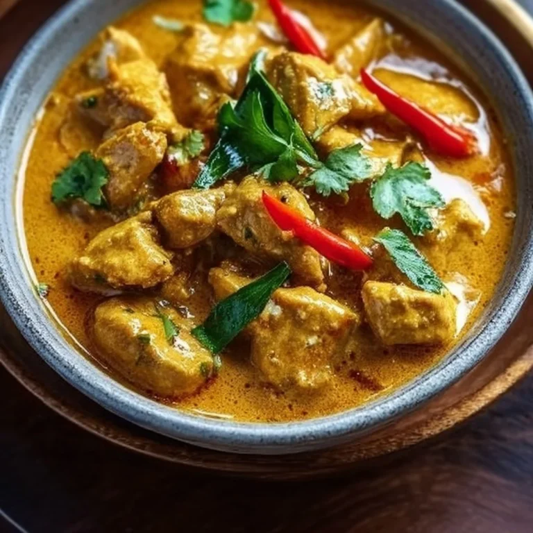 A bowl of Thai chicken satay curry garnished with fresh herbs and served with rice.