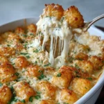Easy Chicken Alfredo Tater Tot Casserole served in a cozy family setting
