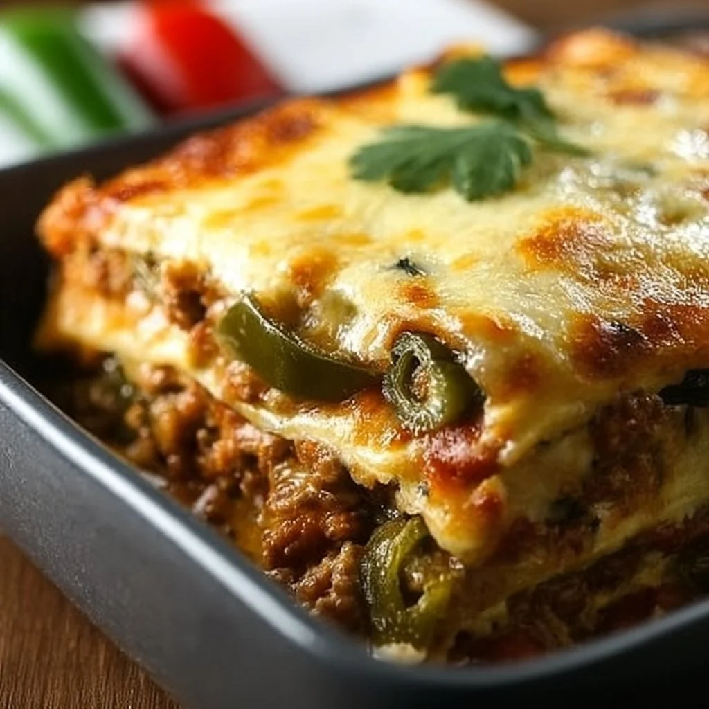 Delicious Chile Relleno Casserole topped with cheese and peppers