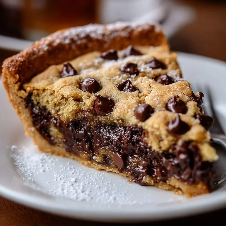Warm and gooey chocolate chip cookie pie fresh from the oven