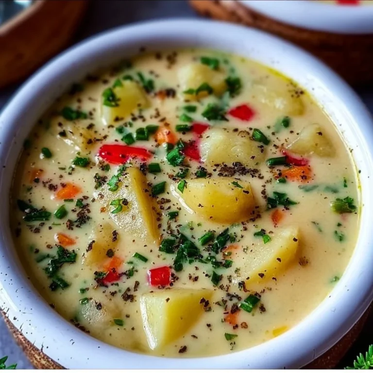 Bowl of creamy Polish Potato Soup garnished with herbs and served on a cozy table.