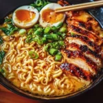 A bowl of Fiery Chicken Ramen garnished with herbs and spices, ready to serve.
