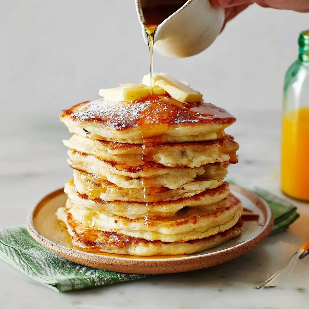 Stack of fluffy pancakes drizzled with syrup and topped with berries