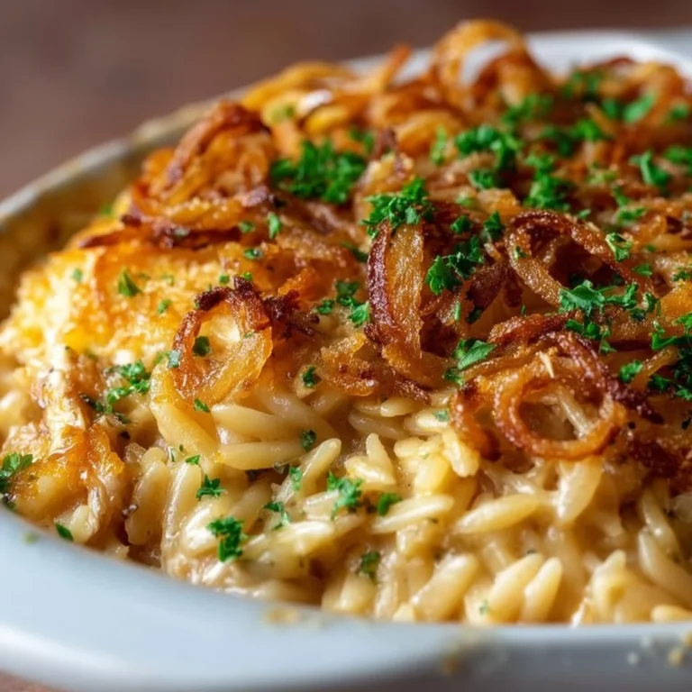 Delicious French Onion Chicken Orzo Casserole topped with melted cheese