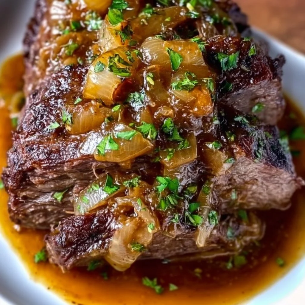 Delicious French onion chuck roast served with melted cheese and herbs
