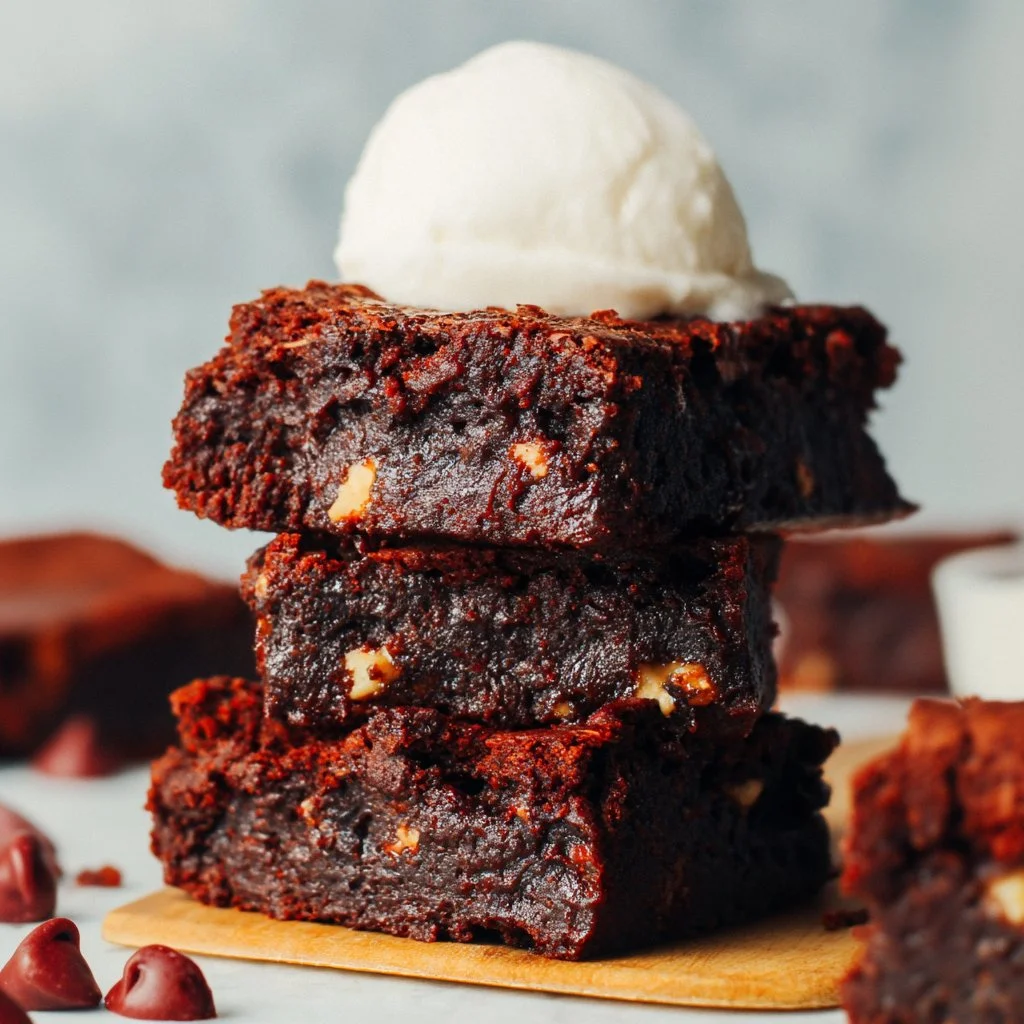Fudgy sweet potato brownies served on a plate garnished with chocolate drizzle