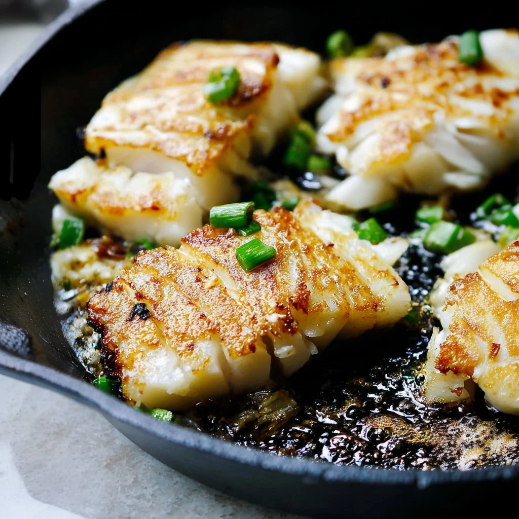 Garlic Butter Cod recipe served on a plate, showcasing its golden-brown crust.