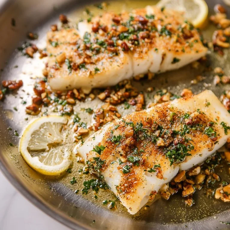 Pan-fried garlic butter cod served with lemon garnish