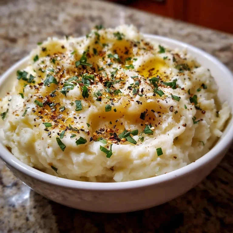 Delicious garlic mashed potatoes topped with butter and herbs