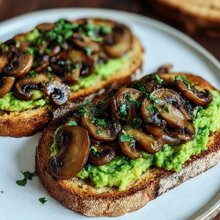 Garlicky avocado mushroom toast topped with herbs and spices on a plate