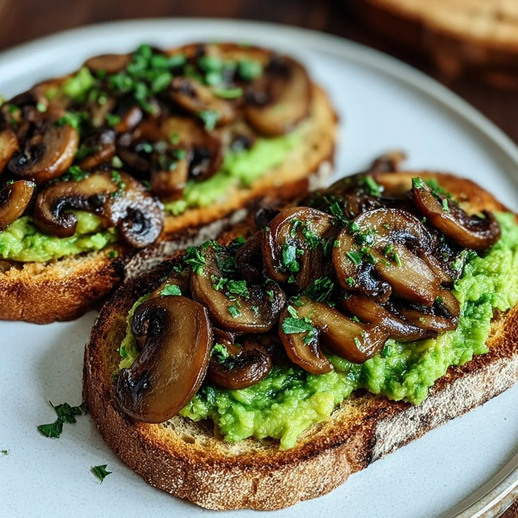 Garlicky avocado mushroom toast topped with herbs and spices on a plate