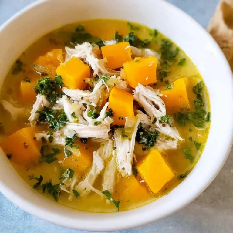 Heartwarming chicken soup with butternut squash in a white bowl