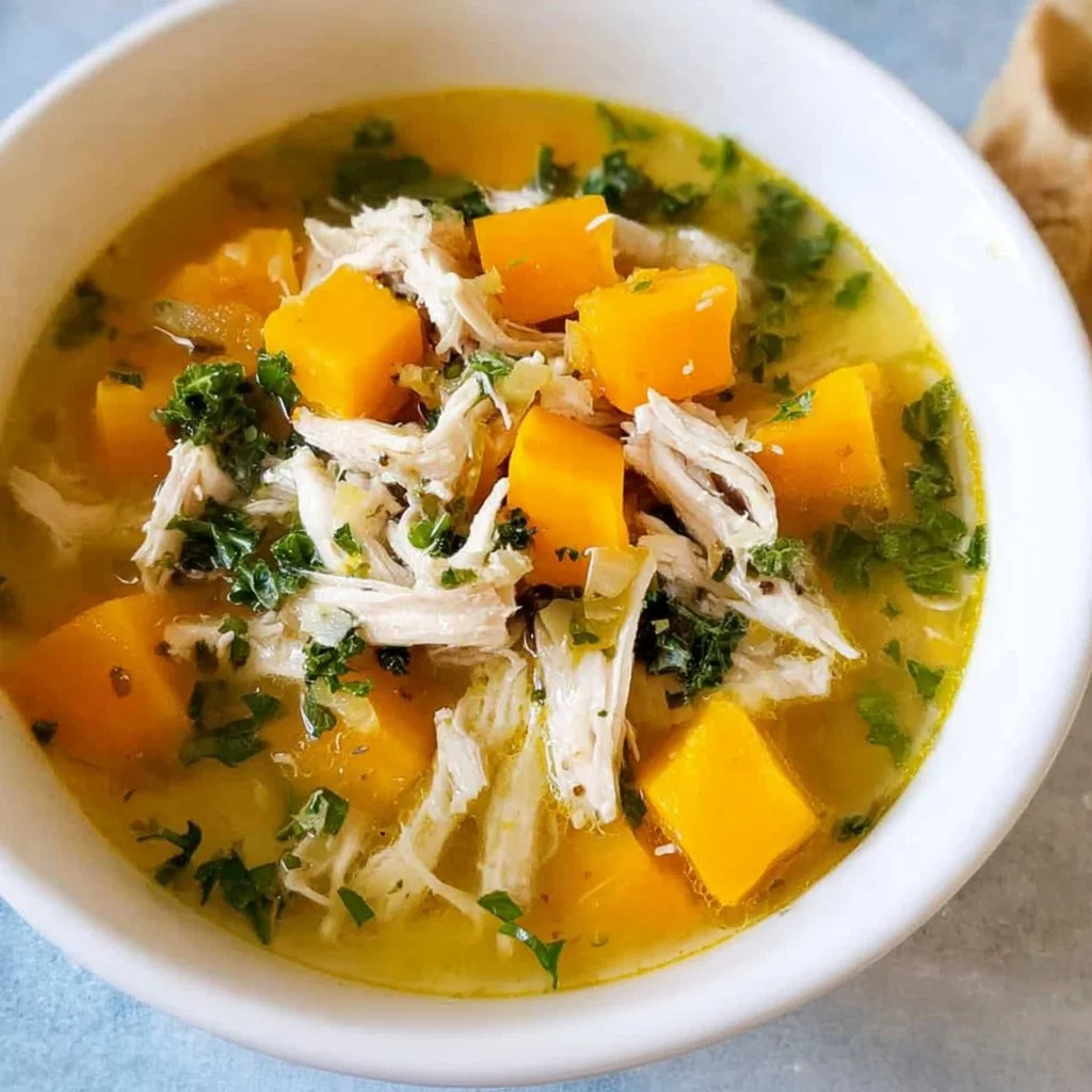 Heartwarming chicken soup with butternut squash in a white bowl