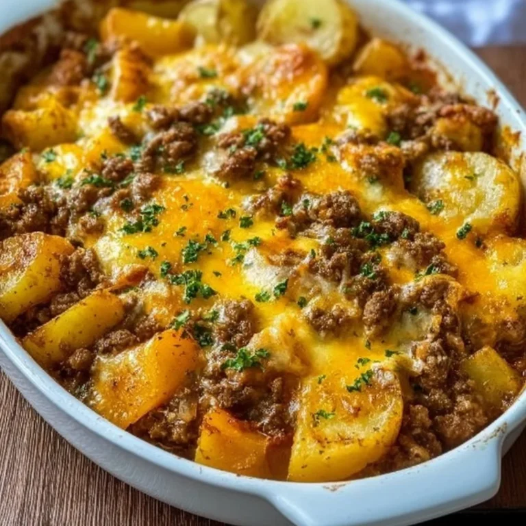 A serving of Hobo Casserole, a comforting and hearty dish made with ground meat and veggies.