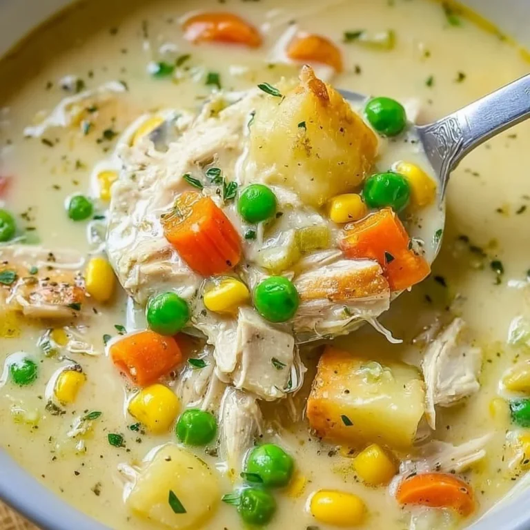 Bowl of homemade chicken pot pie soup garnished with herbs